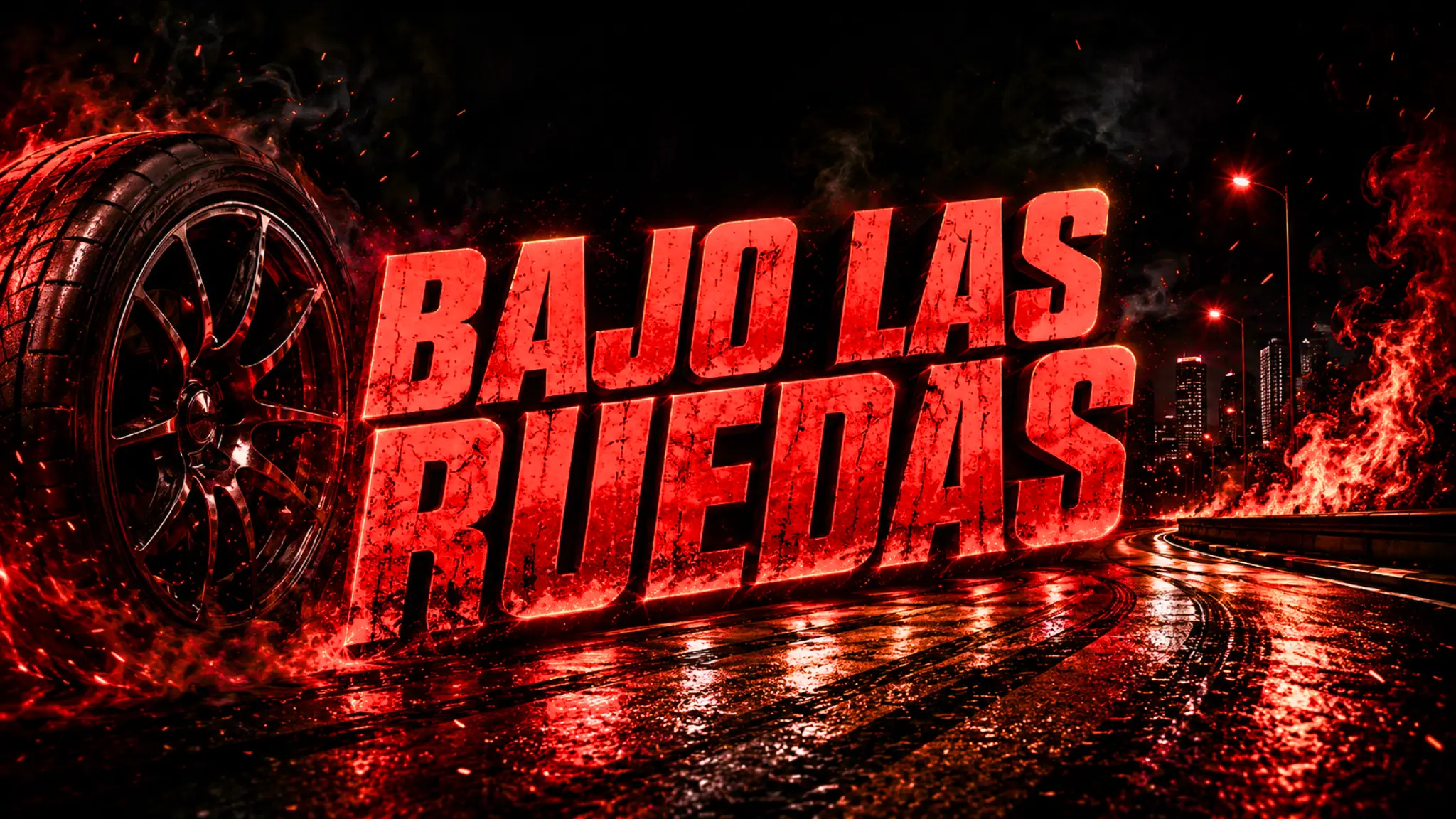 Bajo las Ruedas sobre una carretera nocturna rodeada de fuego